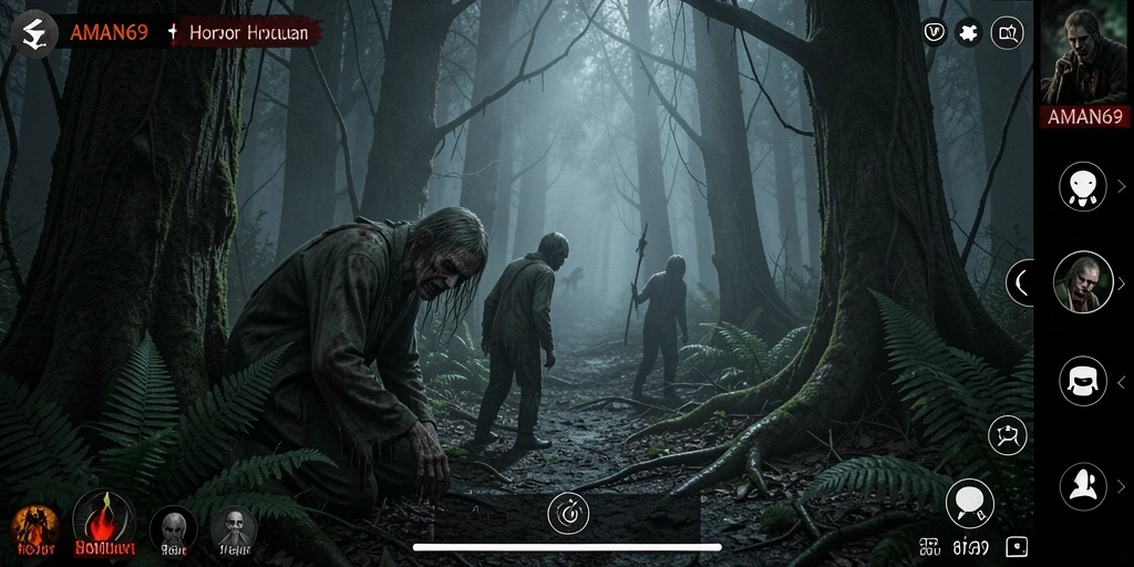 Tampilan menakutkan dalam AMAN69 saat menjelajahi hutan angker.